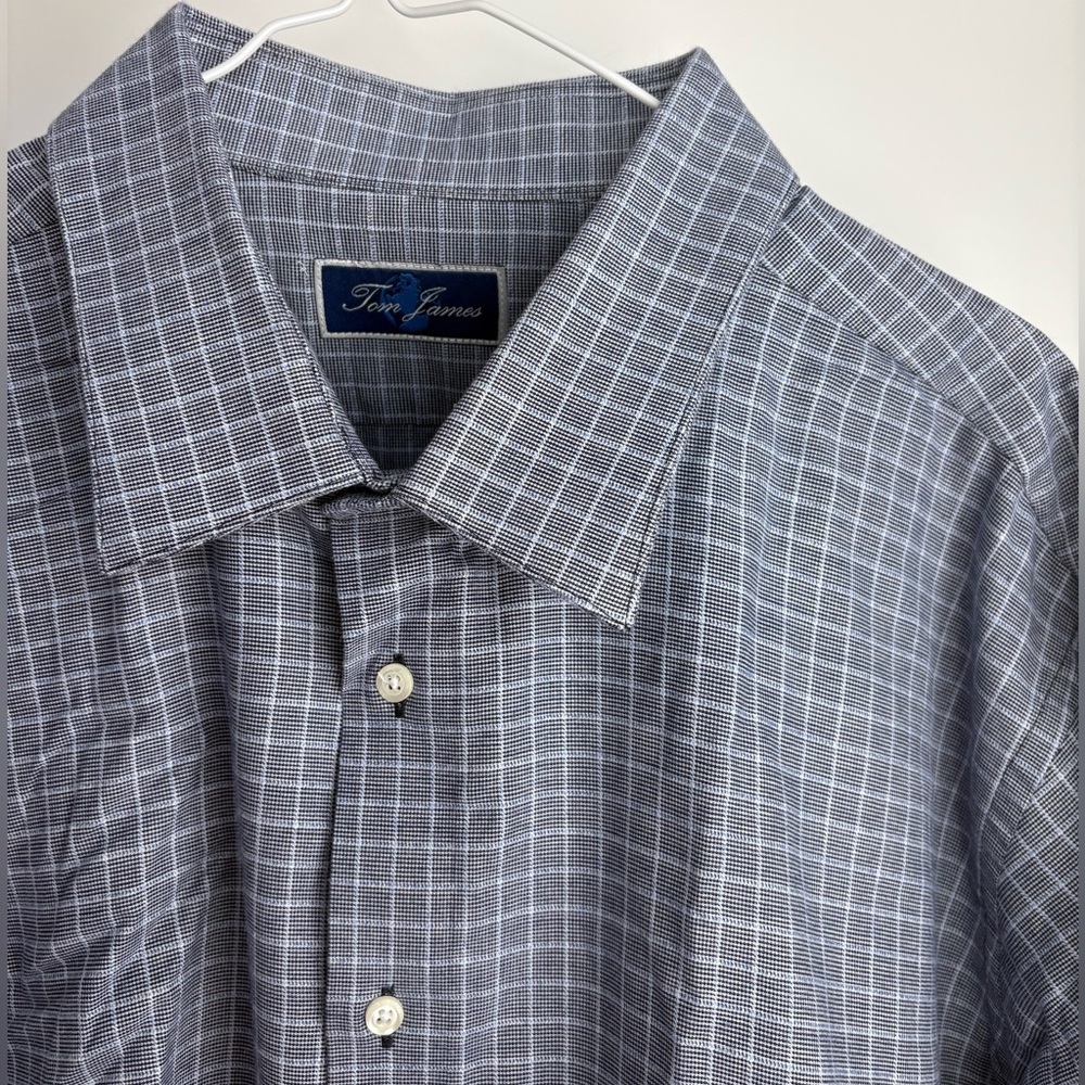 TOM JAMES | Solid Checker Blue & Black Long-sleeve Shirt | Mens Size XL 18” Neck